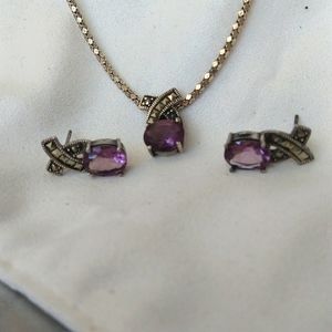 VINTAGE STERLING SILVER MARCASITE OVAL AMETHYST NECKLACE AND EARRINGS SET